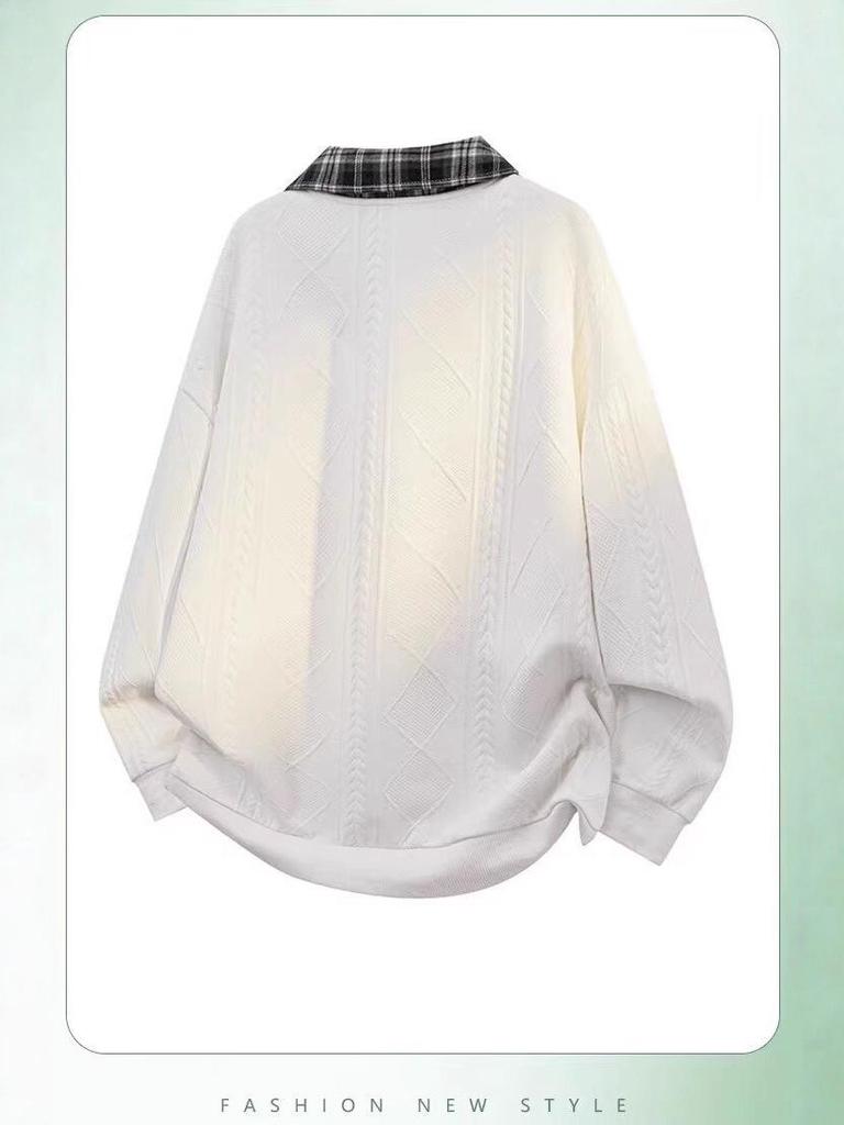 Men's Retro Color Block Plaid Long Sleeve Heavyweight Polo Collar Hoodie