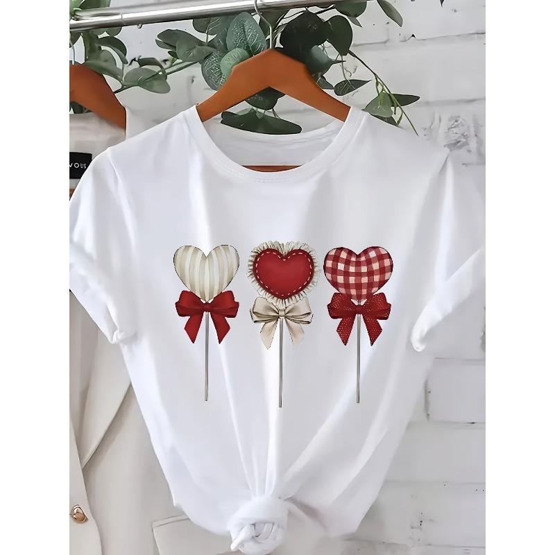 European size - Women'S Round Neck Short Sleeve Heart Lollipop Design T-Shirt | Casual Comfortable, Perfect for Spring and Summer