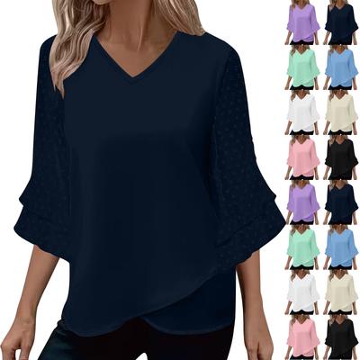 Women's Fashion ,Colour V,Neck Three,Quarter Sleeve Patchwork Relaxed,Fit T,Shirt Top