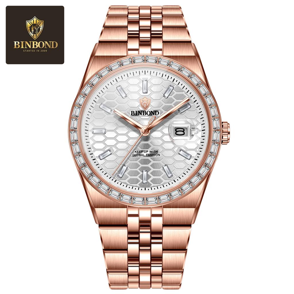 BINBOND Top Luxury Men's Quartz Watch Men's Diamond Watch Waterproof Night Light Date Week Stainless Steel Watch