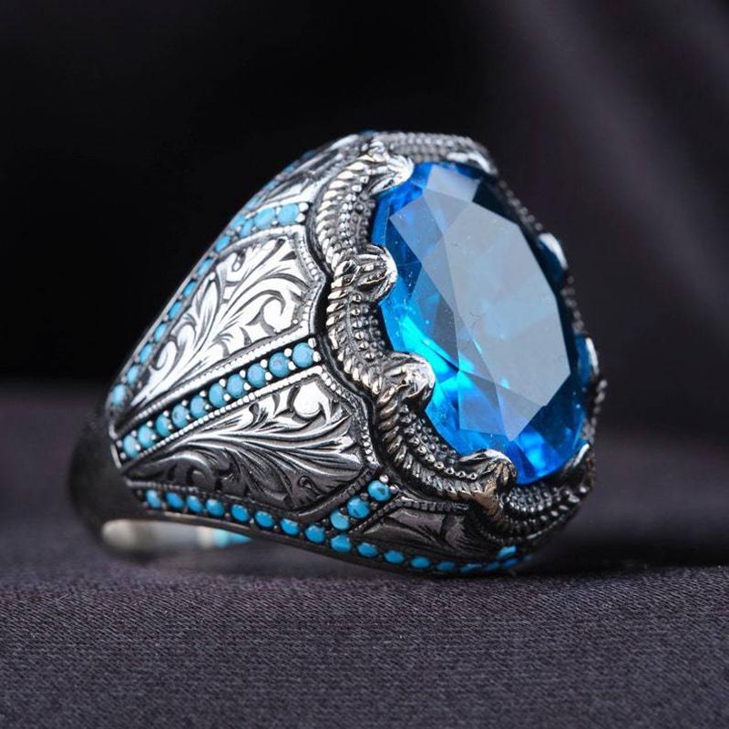 2023 New Zinc Alloy Ring For Men Fashion Trend Blue Zircon Finger Ring Male Party Jewelry