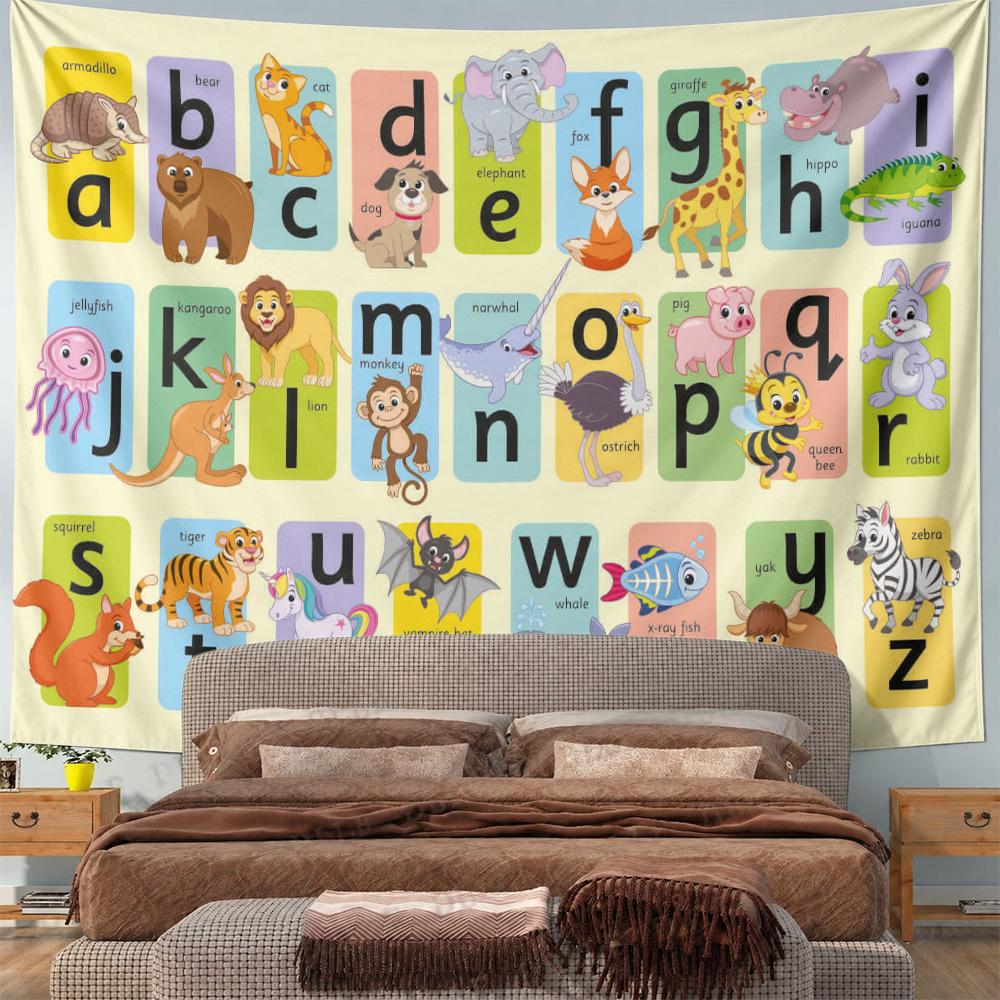 Alphabet animals illustrations colorful educational tapestry Patterned tapestry for bedroom and living room home decor sofas