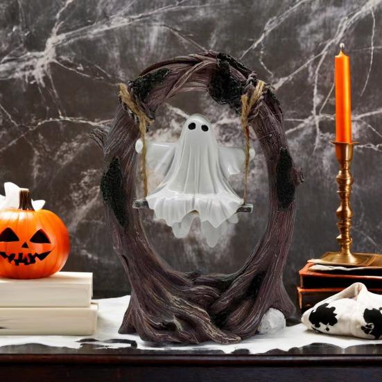 Halloween Ghost on Tree Swing Figurine Swinging Cartoon Ghost Statue Ornament Home Office Garden Patio Lawn Bookshelf Desktop Decoration