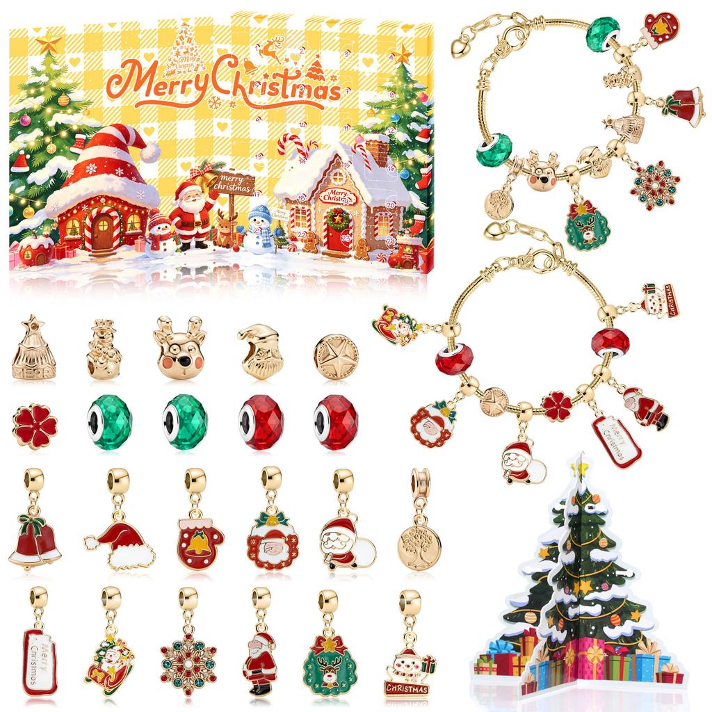 Christmas Advent Calendar DIY Alloy Beaded Bracelet Kit 24 Grids Kids Crafts Jewelry Making Set Holiday Gift for Girls
