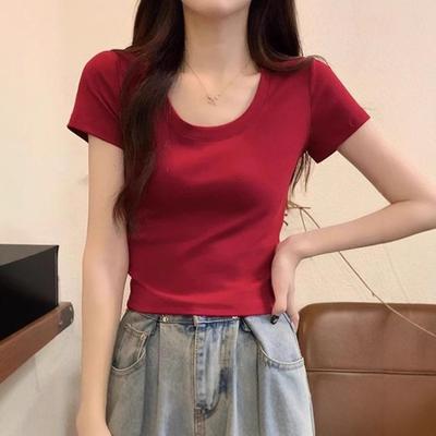 T-shirt da donna slim fit in cotone elastico a girocollo - Tinta unita, maniche corte, coprente, perfetta per l'estate