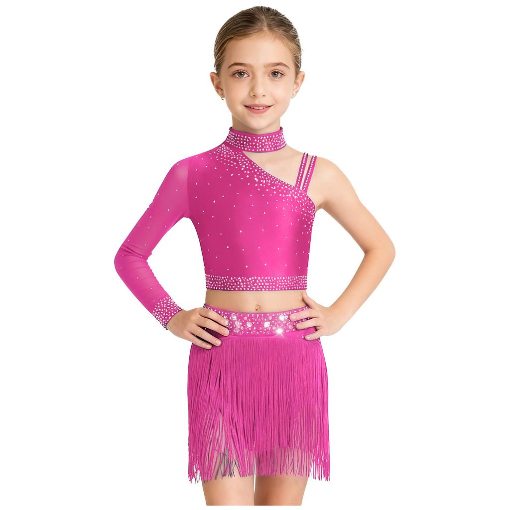 Top Cropped de Ombro Assimétrico para Meninas com Franjas de Strass Brilhantes Conjunto para Performance de Dança