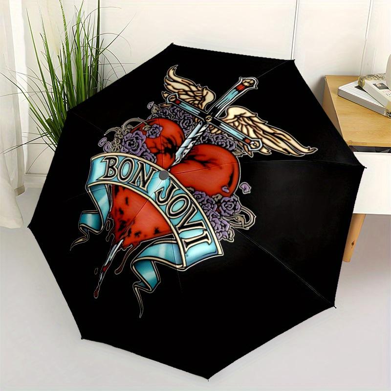1pc Bon Jovi Automatic Folding Umbrella, Portable Collapsible Design, 8-Rib Iron Frame, , All-Season Casual Outdoor Accessory for Christmas Birthday F