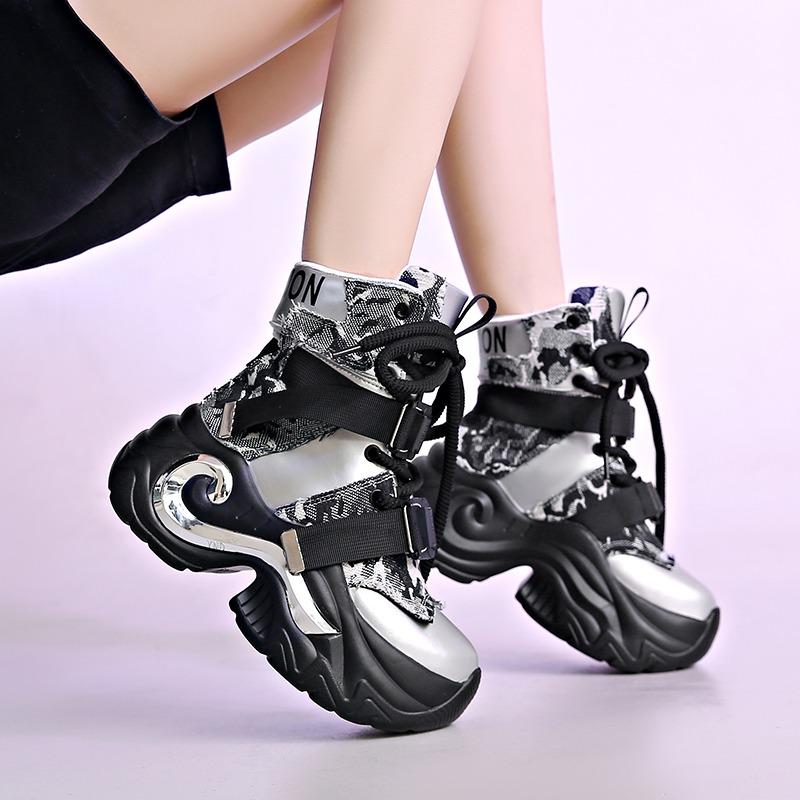 Fashion Winter Chunky Boots For Women Thick Plush Warm Snow Ankle Boots 8CM Wedges Leather High Platform Sneakers Woman Motorcycle Shoes