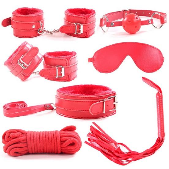 7pcs/set PU Leather Sex Bondage Set Toy Restraint Sex Toy Handcuffs Tied Rope Whip Collar Erotic