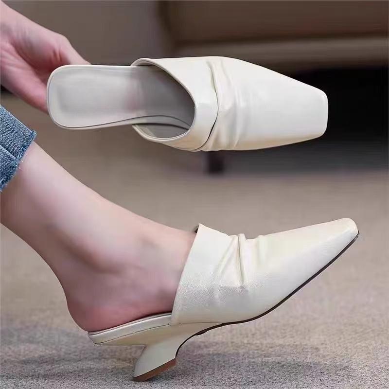 Fashion Baotou Semi-slippers Women's Summer Wear New Lazy Square-toed Pleated Soft Leather Rear Air-cooled Slippers