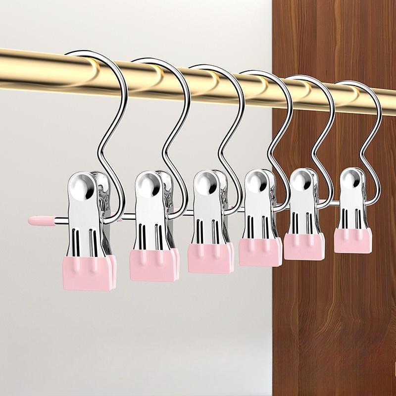 5/10pcs Pink Dip Plastic Non-Slip Hanger Clips, Metal Clothes Pegs with S Hooks for Pants Skirt Storage