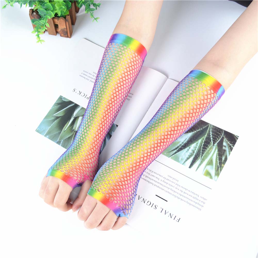 Party Short Half Finger Girl For Women Fishing Net Gloves Arm Sleeves Nylon Rainbow Color Gloves