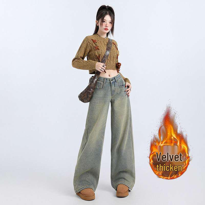 Plush Lined Retro Low Waist Wide-Leg Nostalgic Jeans Small