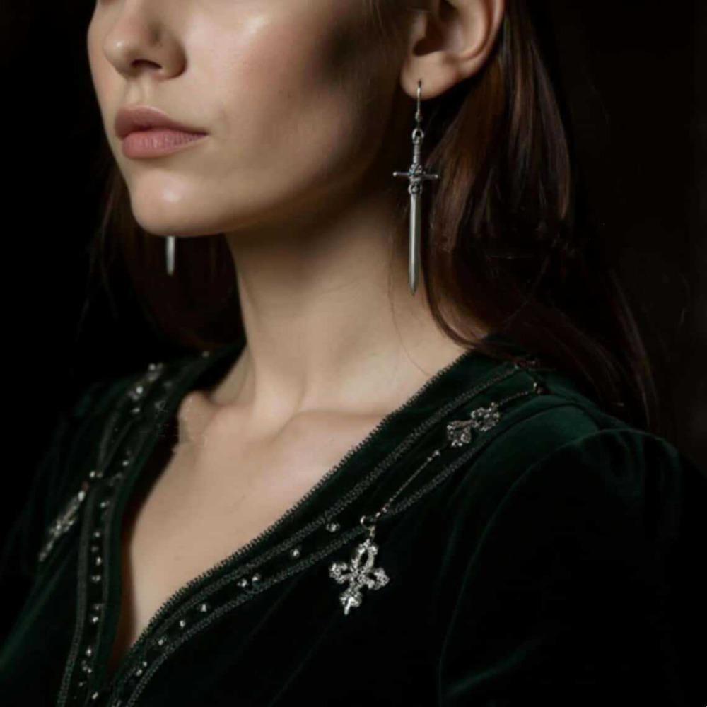 Personality Gothic Silver Color Cross Long Sword-shaped Pendant Dangle Earrings for Men Women Halloween Fashion Retro Jewelry