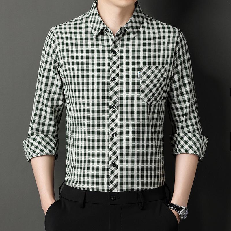 Camisa de algodón y lino de manga larga para hombre de primavera y otoño Camisa informal a cuadros con bolsillo real para hombre