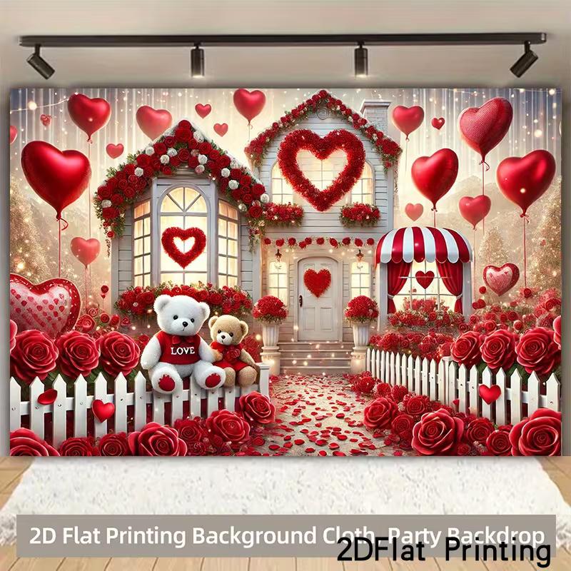 2D Valentine's Day Teddy Bear & Red Rose Photography Backdrop