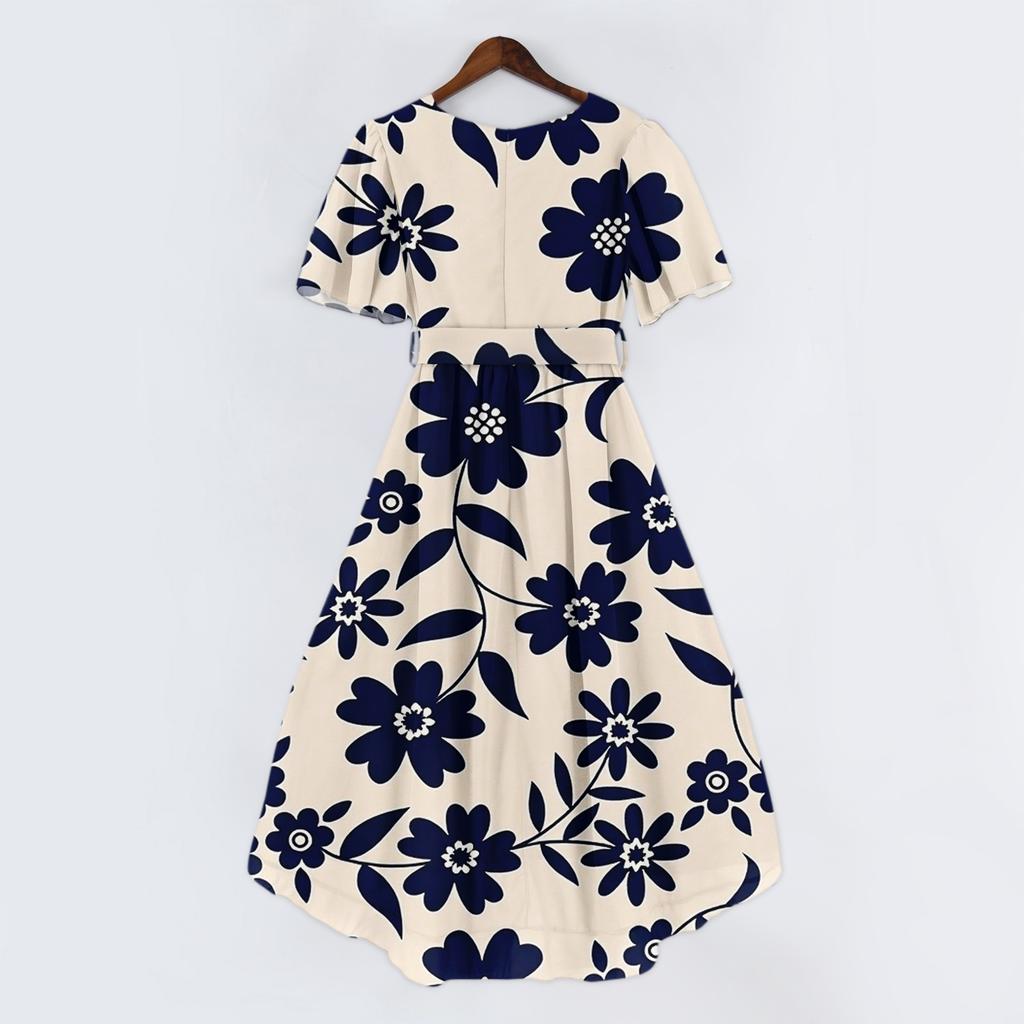 Women's Casual V Neck Short Sleeve Floral Print Dress Vintage Style Midi Length Lightweight Fabric Summer Dress