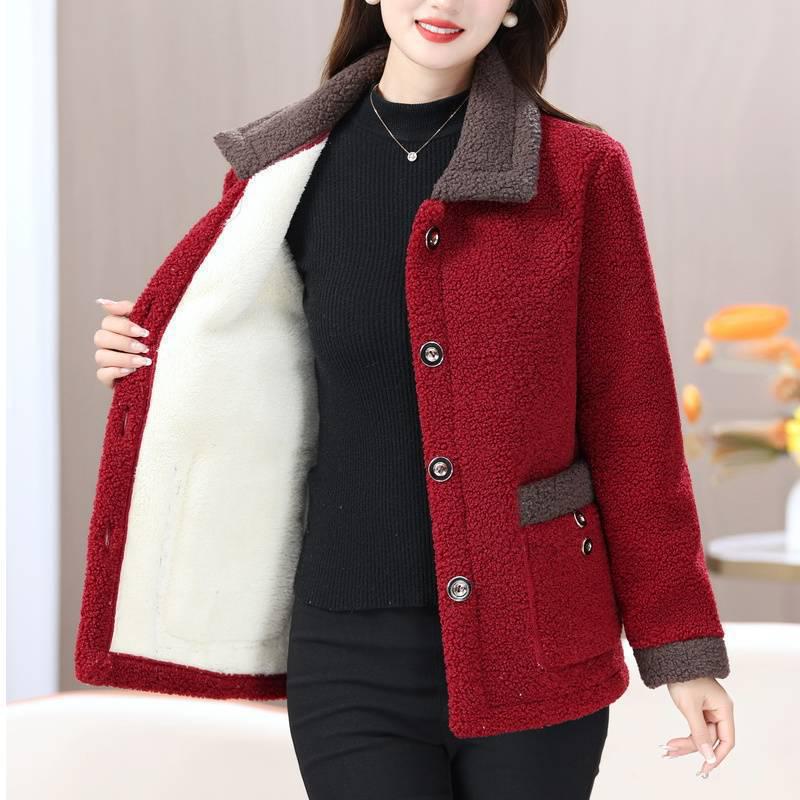 Women's Fleece Lapel Coat - Winter Casual Lamb Wool for Middle-Aged & Elderly