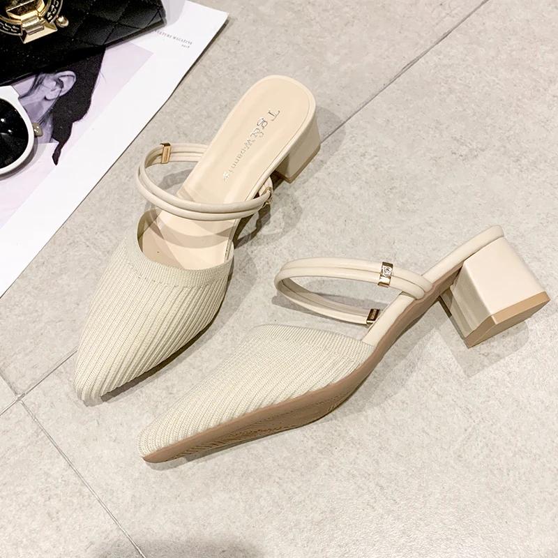 Fashion Summer New Women Pointed Toe Fashion Two-wear Comfortable Sandals Female Thick Heel Sexy Elegant Slippers Ladies Slides Shoes