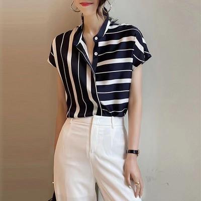 Sommer Damen Kurzarm Gestreifte Oberteile Mode Unregelmäßige Blusen Damen Temperament Hemden Stehkragen Lockeres T-Shirt
