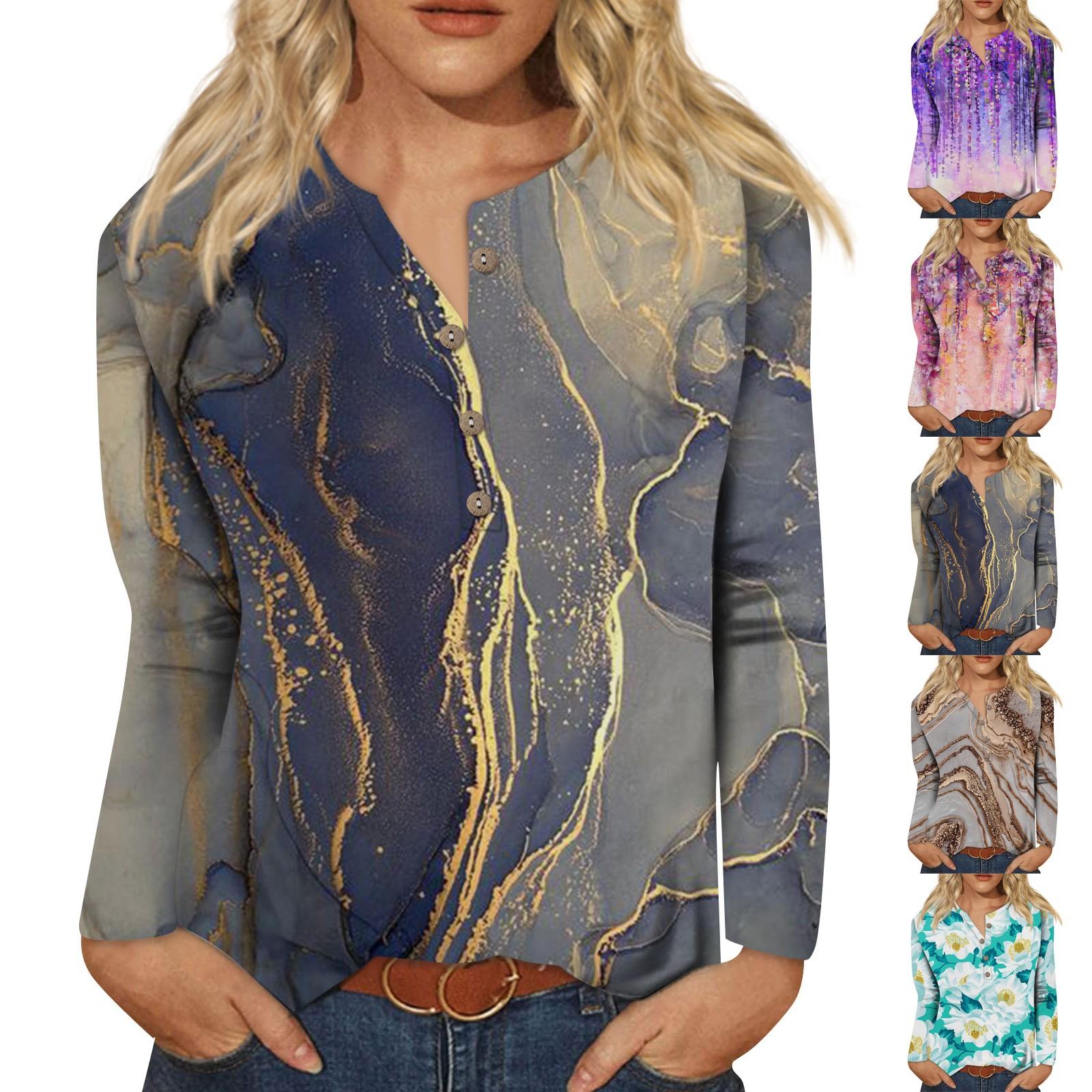 

Женская новая футболка с воротником на пуговицах с длинными рукавами и ретро-принтом Тонкие топы повседневные топы