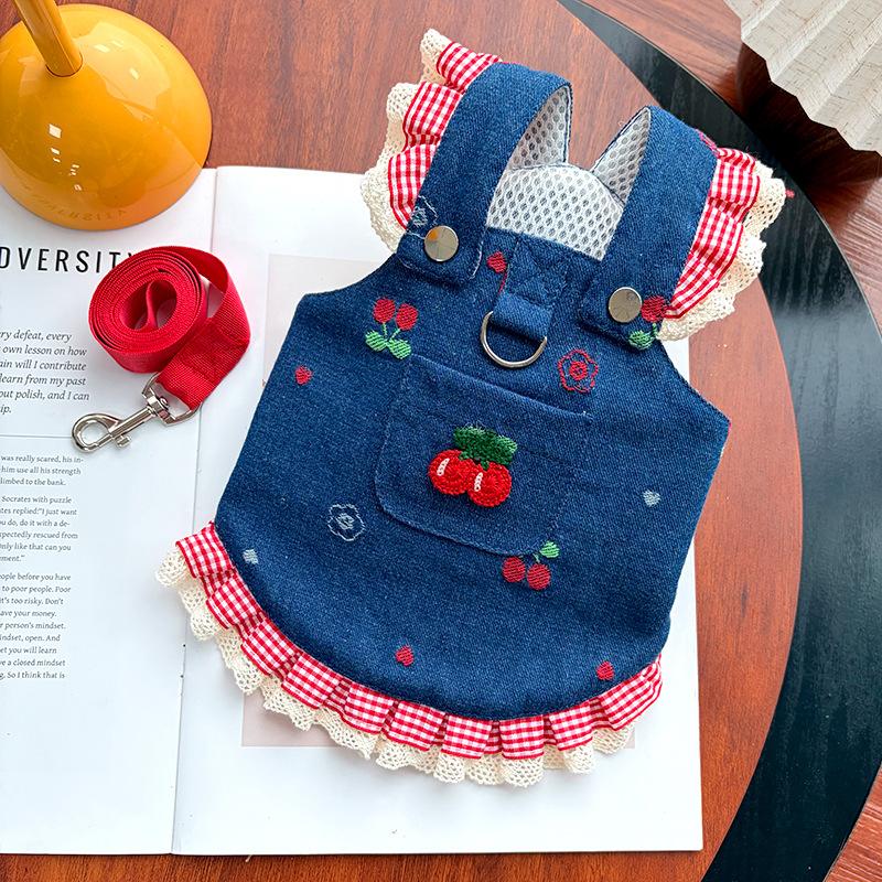 Spring and Summer Denim Cherry Backed Dress Dog Dress Pet Clothes Cat and Dog Accessories