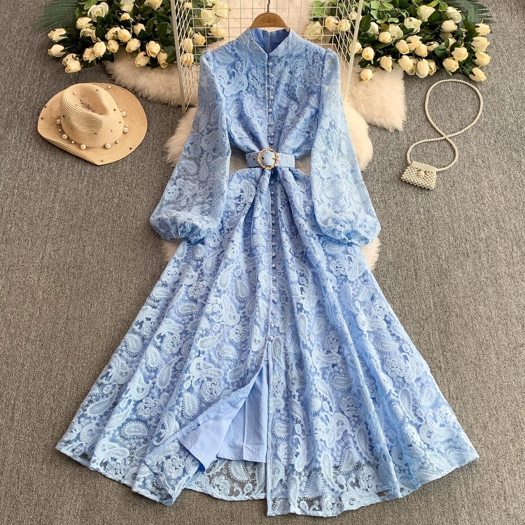 French Court Style Retro Lace Stand-up Collar Lantern Sleeve Dress Women's Spring and Autumn Breasted Waist Big Swing Elegant Long Dress