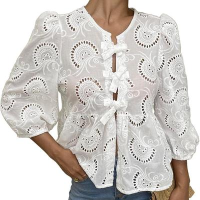 Tie Front Tops for Women Lace Coquette 3/4 Length Puff Sleeve Peplum Tops Babydoll Y2K Going Out Cute Tops