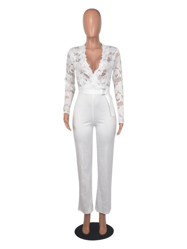 Elegant V-Neck Lace Slim Fit See-Through Jumpsuit