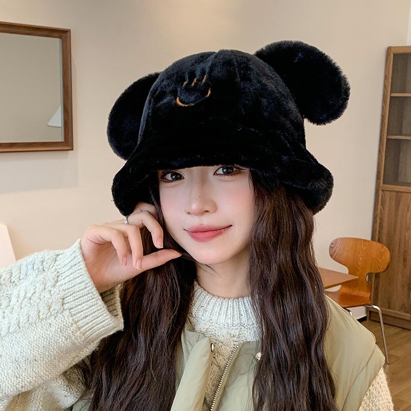 Puppy Ears Plush Fisherman Hat for Women Winter Korean Style Cute Student Versatile Face Showing Small Thickened Warm Basin Hat