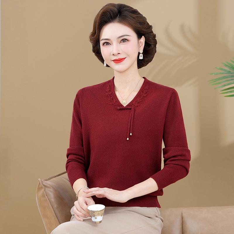 2025 New Style Red Winter Base Layer Top for Middle-Aged Women - Thickened Knitted Sweater