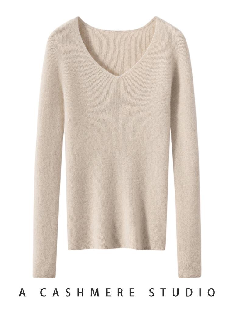 Women's 100% Pure Cashmere V-neck Seamless Ribbed Slim-fit Sweater