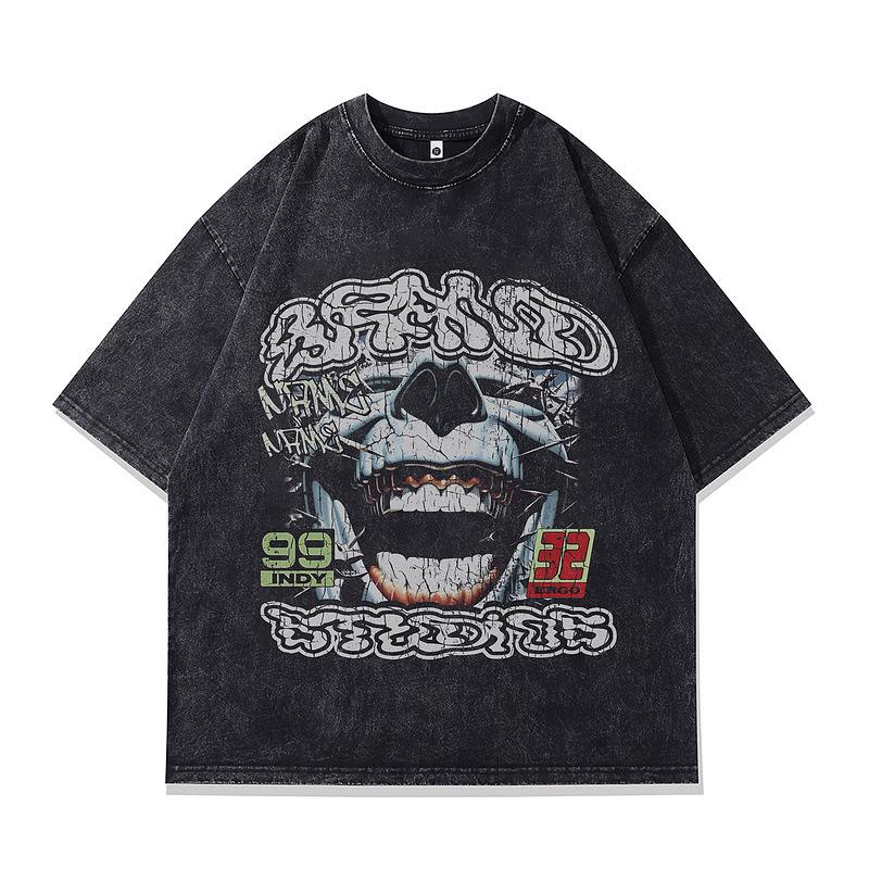 Large Version Men'S T-Shirt Heavy Washed Skull Print Beauty Trendy Retro Short-Sleeved T-Shirt Men