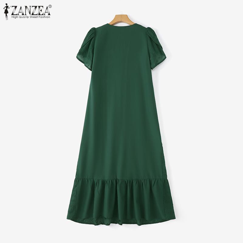 ZANZEA Women Elegant Embroidery Crochet Patchwork Short Sleeve Long Dress