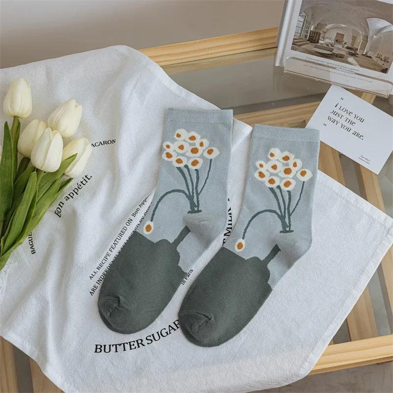 Women Socks Korean Japanese Style Cartoon Green Flower Harajuku Cute Kawaii Mid Tube Socks Breathable Casual Short  Cotton Socks
