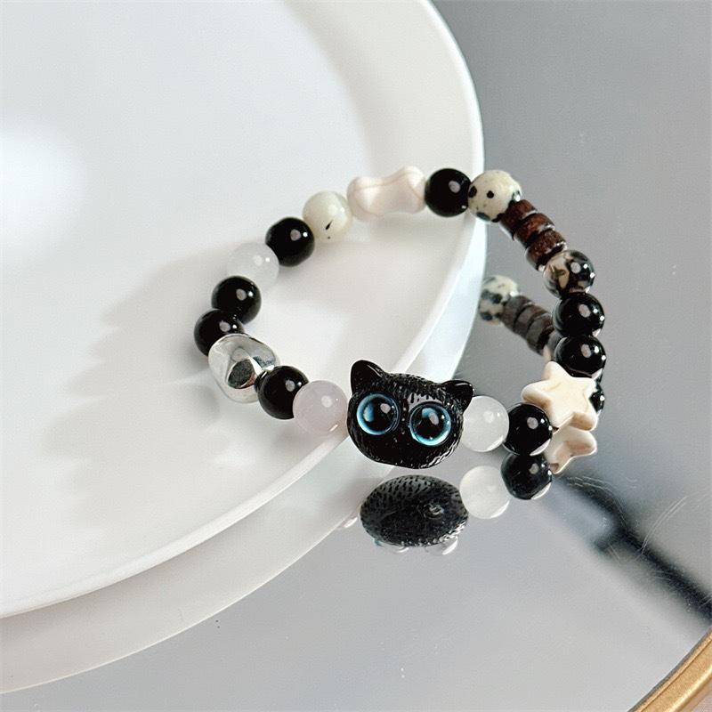 Cute Black Cat Beaded Bracelet For Women Men Black White Beads Cartoon Animal Couple Bracelet Trendy Jewelry Lovers Gift