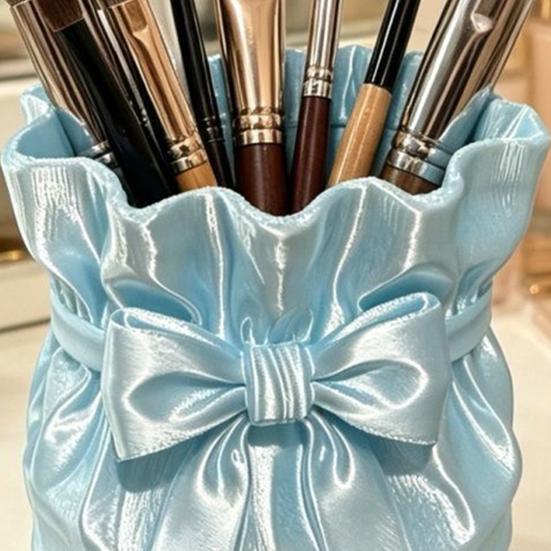 Dressing Table Brush Holder Satin Bow Bag Makeup Holder, 3D Printed Beauty Tool Organizer Cosmetic for Desk, Large Bowknot Pouch Pencil Storage