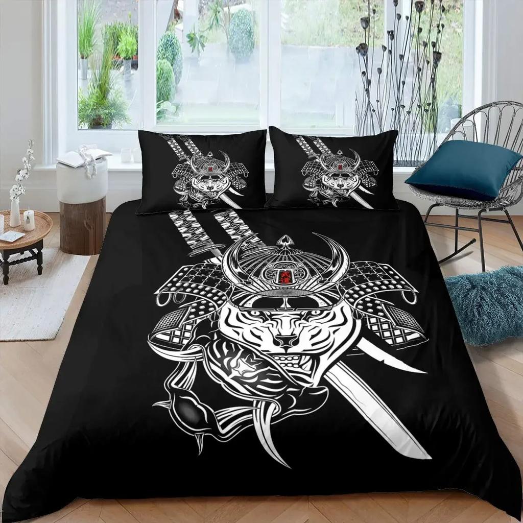 Japanese Samurai Bedding Set King/Queen/Full Size Japan Sunset Scenery Building Silhouette Polyester Duvet Cover Men Black Red