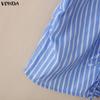 VONDA Women Puff Short Sleeve Bow Knot Striped Casual Ruffled Blouse Tops