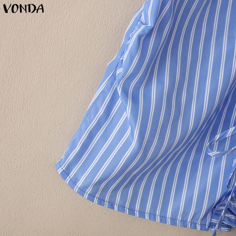 VONDA Women Puff Short Sleeve Bow Knot Striped Casual Ruffled Blouse Tops