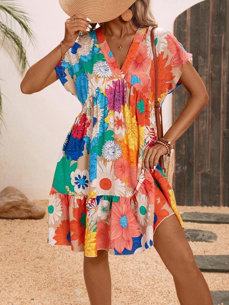 Amazon 2025 cross-border European and American women's clothing summer new floral print medium and long dress temperament dress
