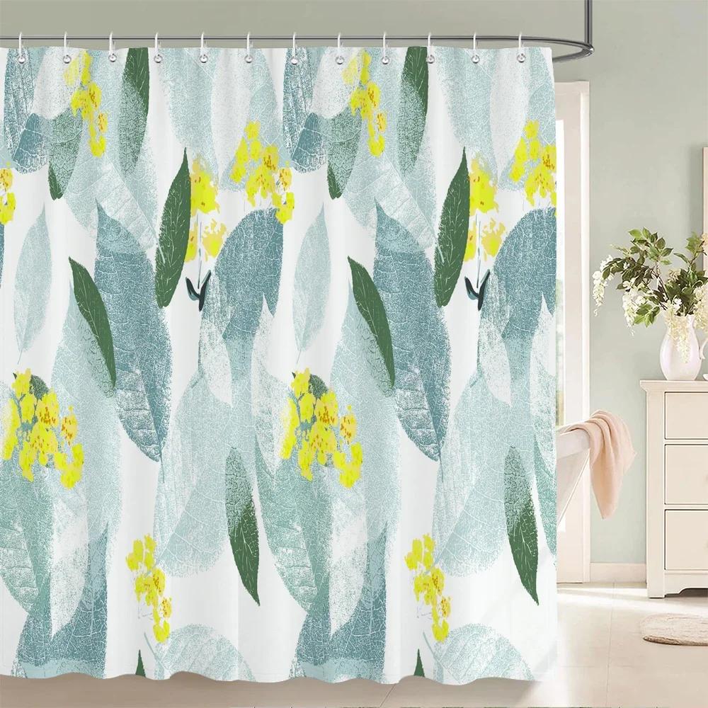 Nordic style Flower Leaf Plant Printed Fabric Shower Curtains Floral Bath Screen Waterproof Products Bathroom Decor with Hooks