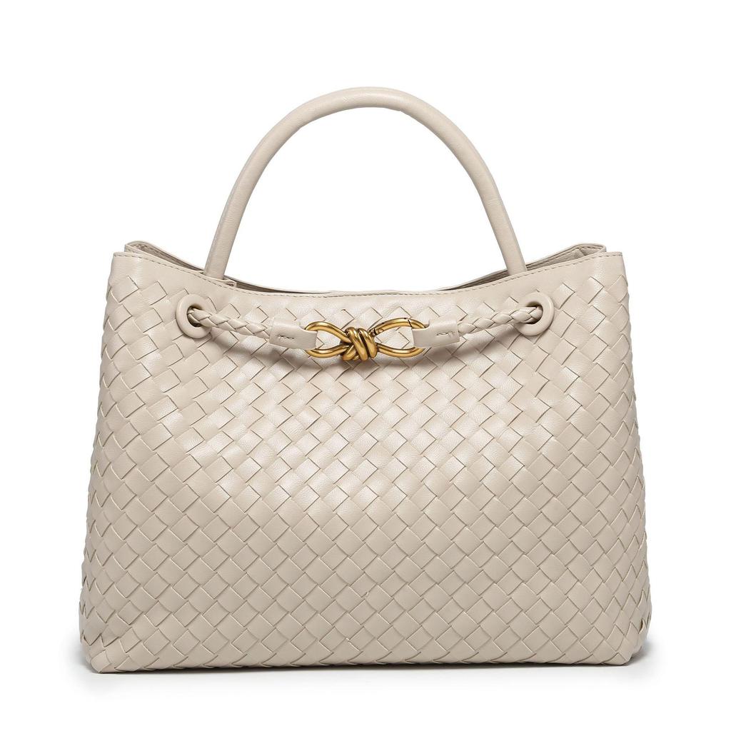 B's Retro Woven Women's Shoulder Tote Bag with Metal Rope Buckle – Large Capacity