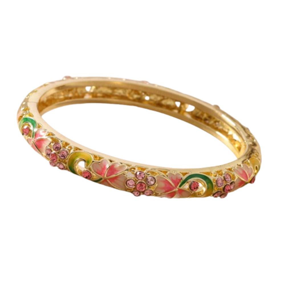 Gold Plated Cloisonne Bracelet Double Bangle Traditional Chinese Double Bangle Flower Pattern Enamel Design Ethnic Bracelet