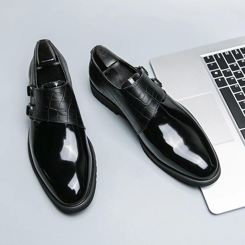 

Новые мужские туфли из лакированной кожи с двойной пряжкой, деловые туфли с круглым носком, размер 38-48, бесплатная доставка 48 чёрный
