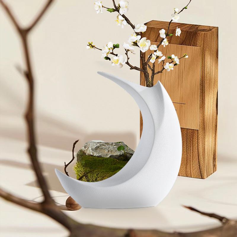 Nordic Creative Ceramic Moon Shaped Vase, Home Dining Table Living Room Bedroom Office Decor Accessories Flower Arrangement, 1Pc