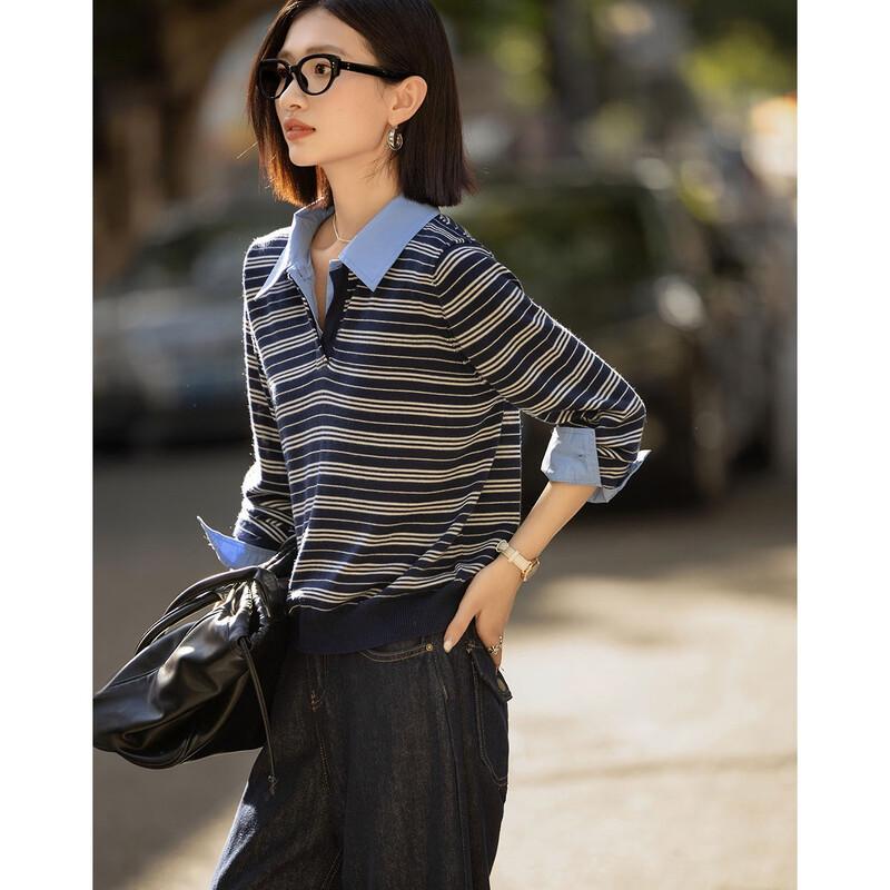 Demana Damen Faux Layer Gestreifter Polo-Strickpullover