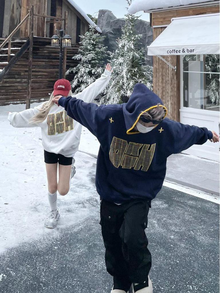 Unisex National Tide Heavyweight Embroidered Hoodie - Autumn/Winter Versatile Loose Fit Couple Sweatshirt