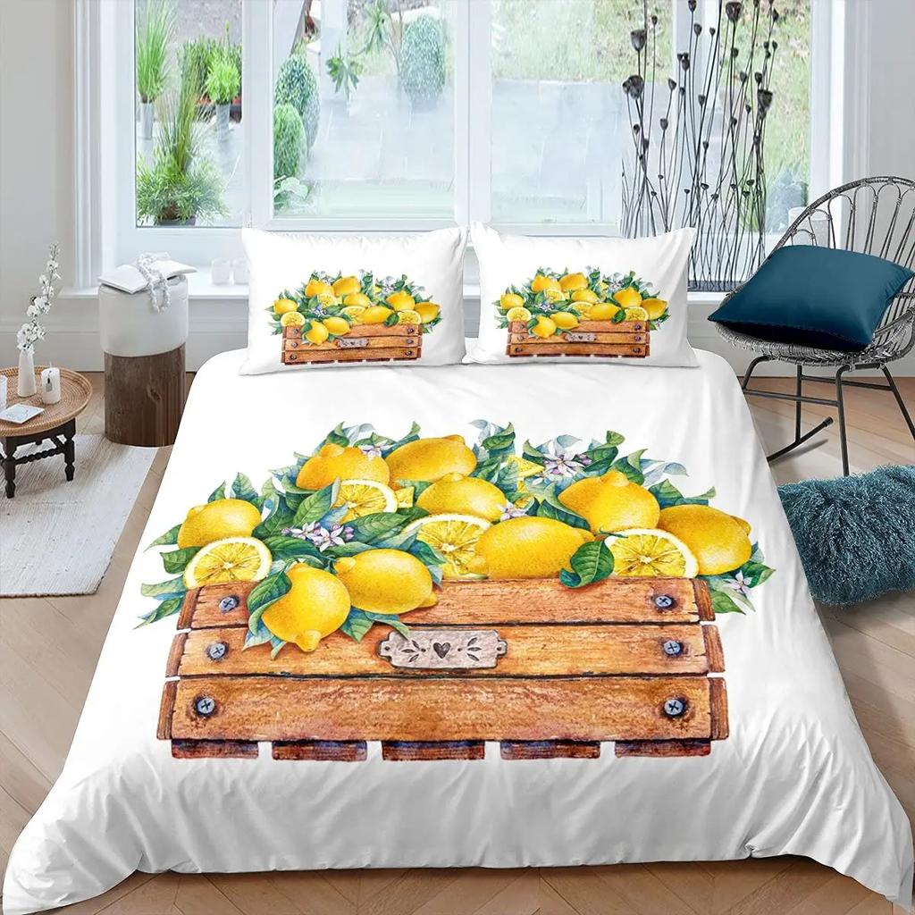 Lemon Duvet Cover Set,Bedding Set 3pcs for Teens Room,Botanical Natural Bright Yellow and Black Quilt Cover with 2 Pillowcases