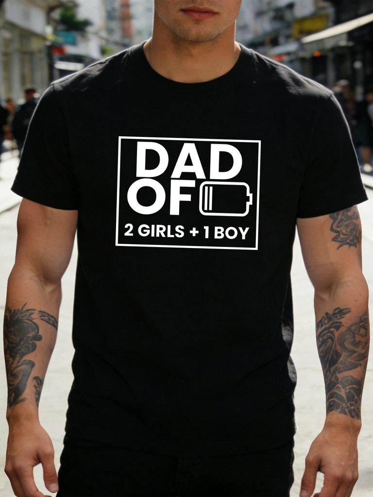 Unisex White Tee Dad Two Girls One Boy Battery Text Print Short Sleeve Loose Casual Basic Top For Adult Male Everyday Wear Outfit